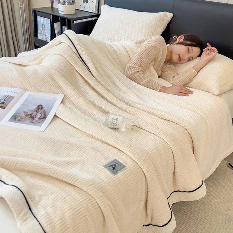 DecorBites™ Cozy Jacquard Plush Blanket - Soft Coral Fleece - All-Season - European Solid Stripes