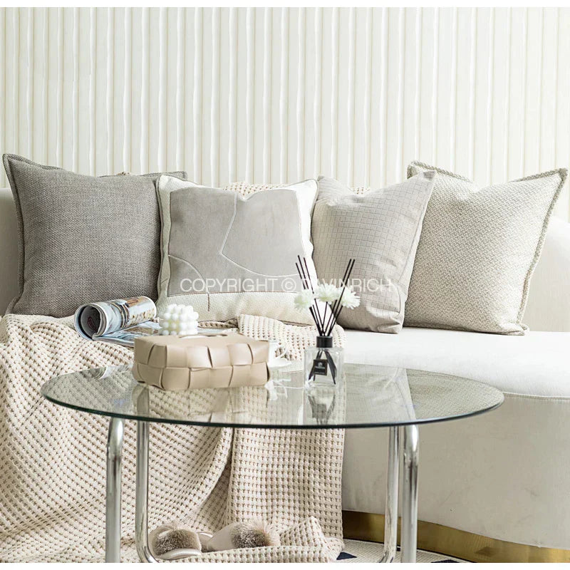 DecorBites™ Cappuccino Tone Geometry Embroidery Luxury Pillowcase 45x45cm Cream Khaki Gray