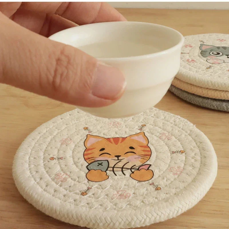 DecorBites™ Cat Print Round Woven Coaster Cup Mat Table Heat Insulation Pad