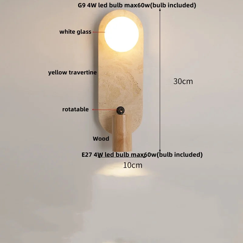 DecorBites™ LED Wall Lamp 2 Glass Ball White, Yellow Travertine Stone Indoor Light