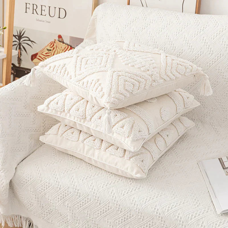 DecorBites™ Cotton Tassels White Cushion Covers 45x45/30x50cm - Square Geometry Pillowcase