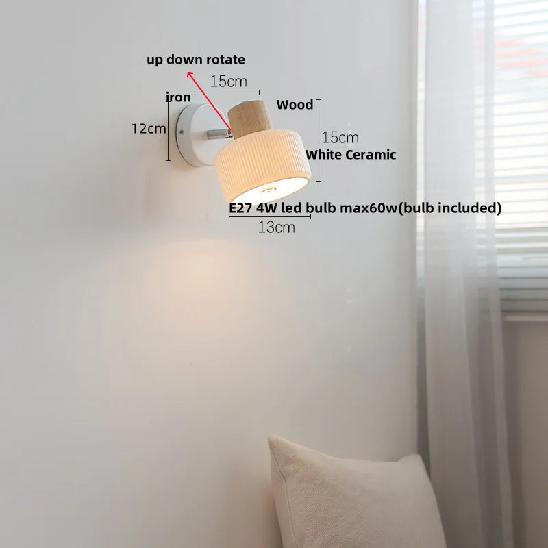 DecorBites™ Ceramic LED Wall Lights with Pull Chain Switch, Modern Wood Base Bedside Lamp