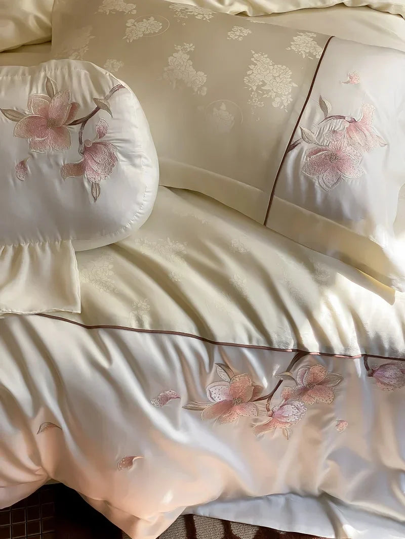 DecorBites™ Chinese Floral Embroidery Lyocell Cotton Bedding Set with Silky Softness