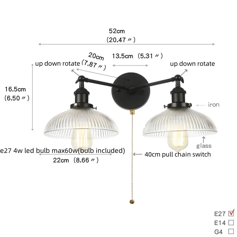 DecorBites™ Industrial LED Wall Light Fixture with Glass Pull Chain Switch - 2 Heads