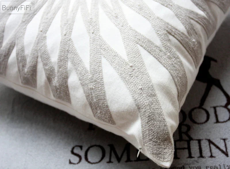 DecorBites™ Geometric Embroidered Cushion Cover Light Grey Cotton 45x45cm