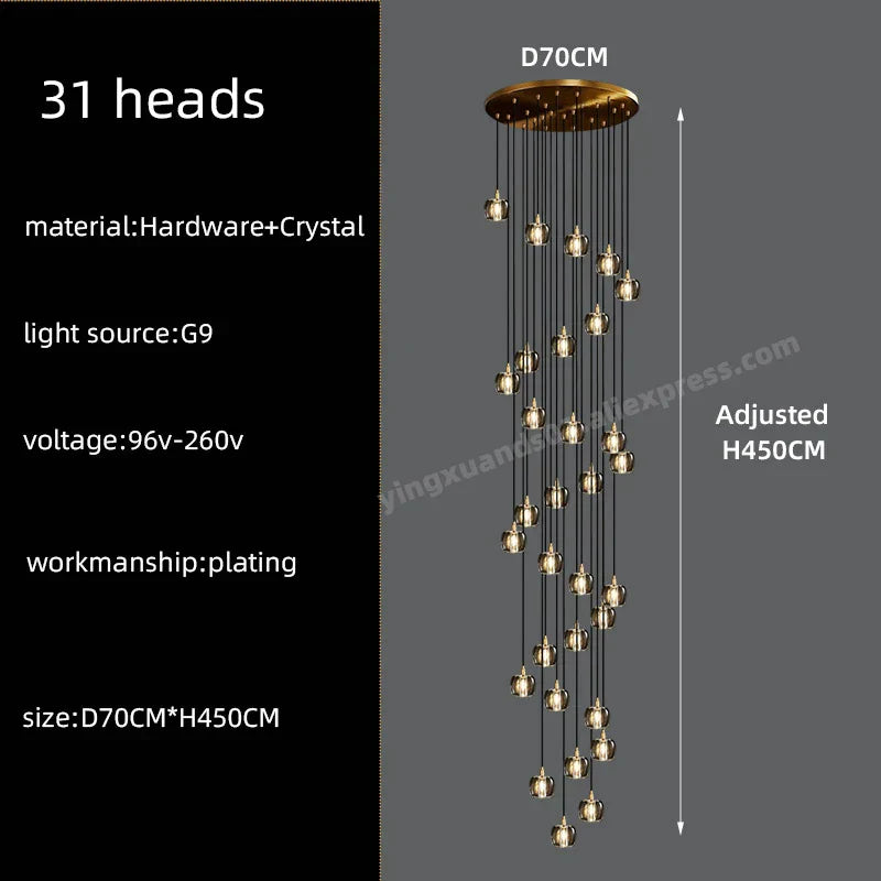 DecorBites™ Black & Gold Crystal Chandelier LED Pendant Light Fixture Loft Staircase Lighting
