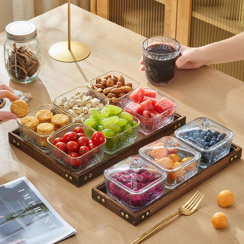 DecorBites™ Glass Wood Tea Table Tray, Rectangular Snack Food Fruit Bowl Serving Tray