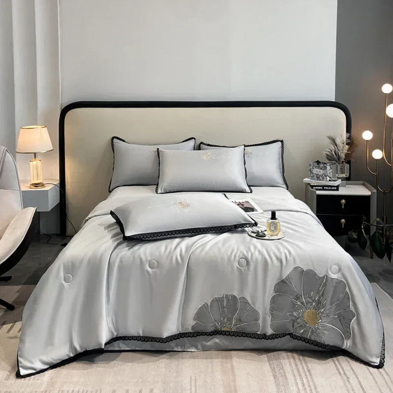 DecorBites™ Luxe Flower Embroidered Cool Quilt Set - Lightweight, Silky, High-End Comfort