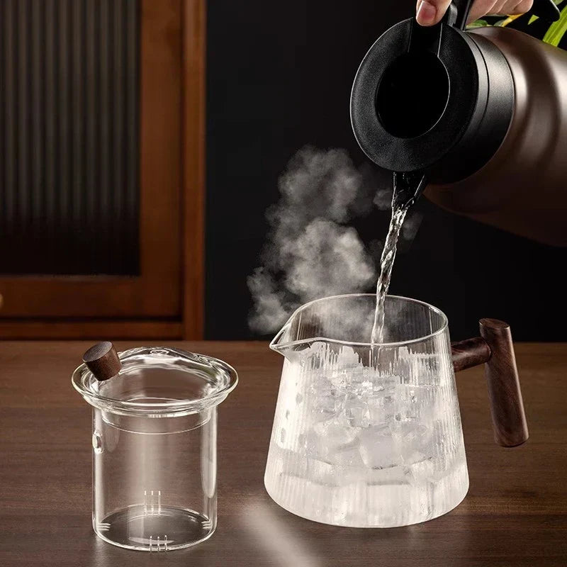 DecorBites™ Glass Teapot 900ML with Wooden Handle for Puer Kung Fu Tea