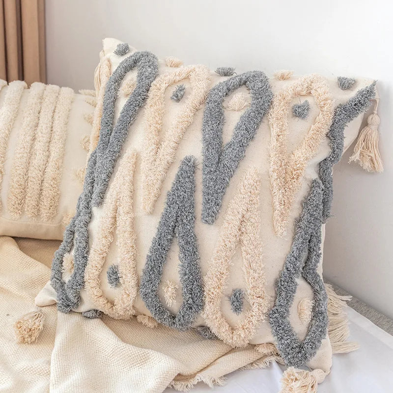 DecorBites™ Boho Square Pillowcase with Embroidery & Tassel Detail for Living Room Sofa
