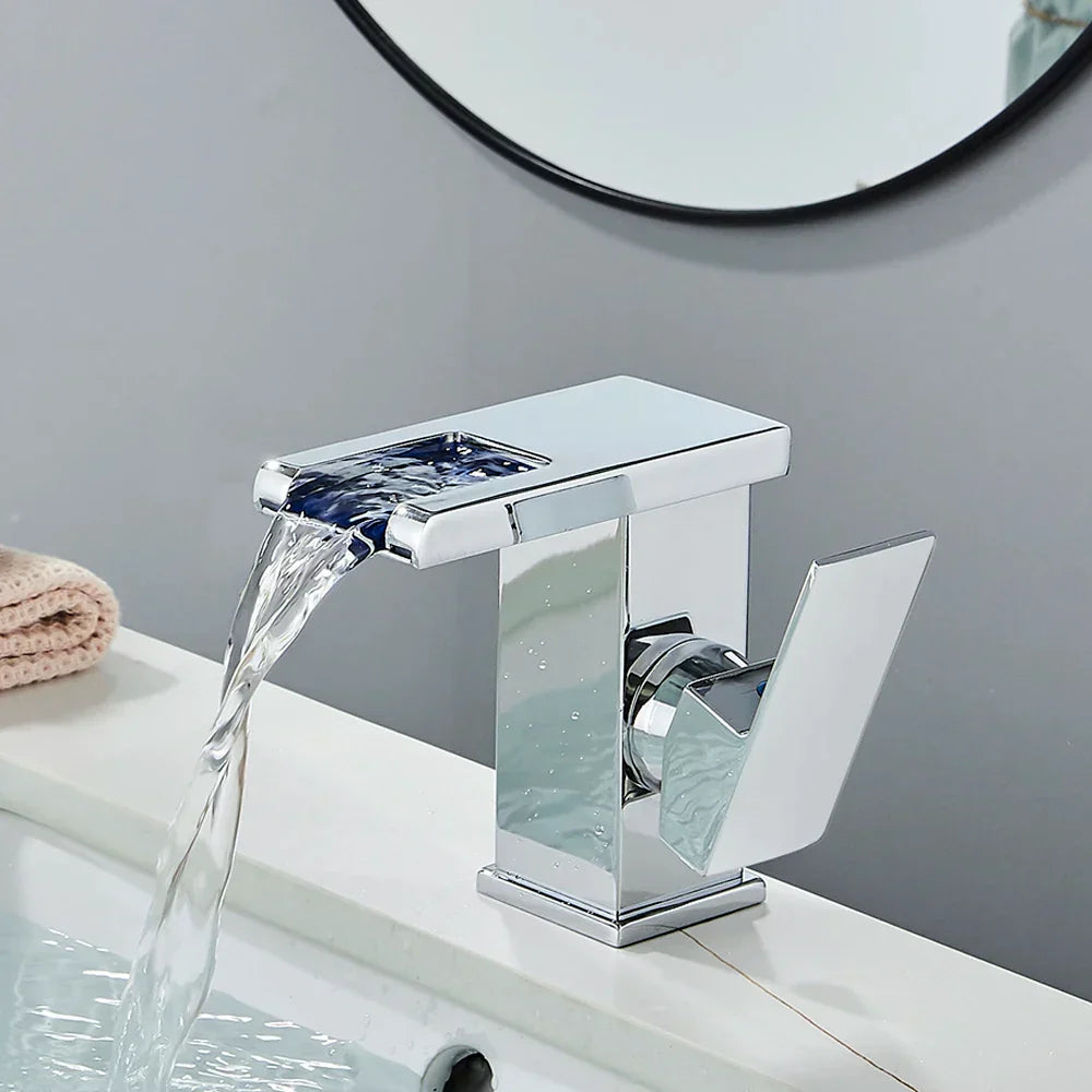 DecorBites™ Black LED Waterfall Bathroom Faucet, Deck Mounted, Three Color Change