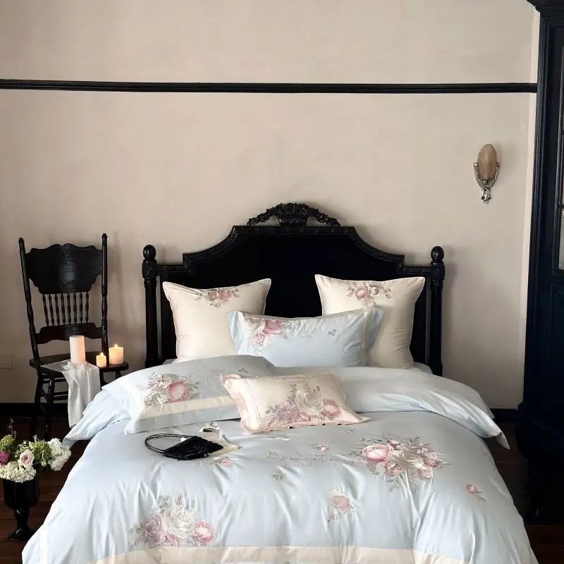 DecorBites™ 4-Pc Flowers Embroidery Bedding Set 1000TC Egyptian Cotton Duvet Cover Sheets