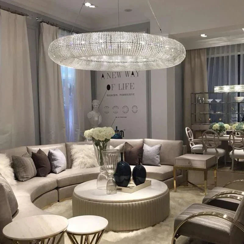 DecorBites™ Crystal Loft Chandelier: Modern Luxury Circle Pendant Lamp for Living Room Lighting