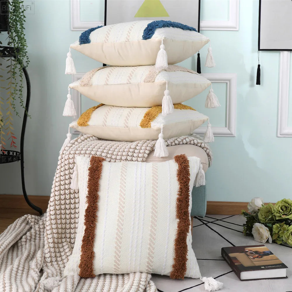 DecorBites™ Boho Woven Tassel Tufted Throw Pillow Case for Sofa Bed Chair
