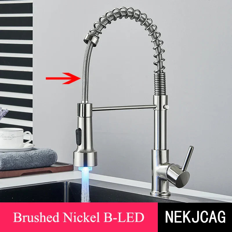 DecorBites™ Brushed Gold LED Kitchen Faucet: Single Handle Pull-down Spring Sink Tap
