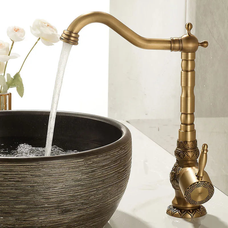 DecorBites™ Antique Carved Brass Bathroom Sink Faucet Hot & Cold Mixer Deck Mounted Tap