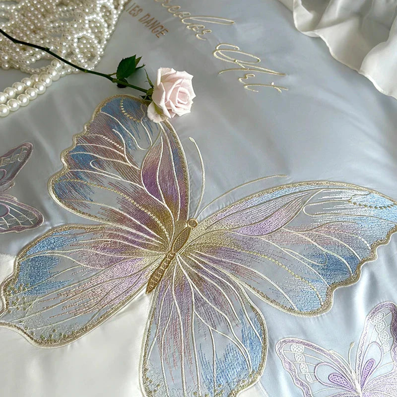 DecorBites™ Butterfly Embroidery Lace Ruffles Bedding Set 100S Egyptian Cotton Duvet Cover