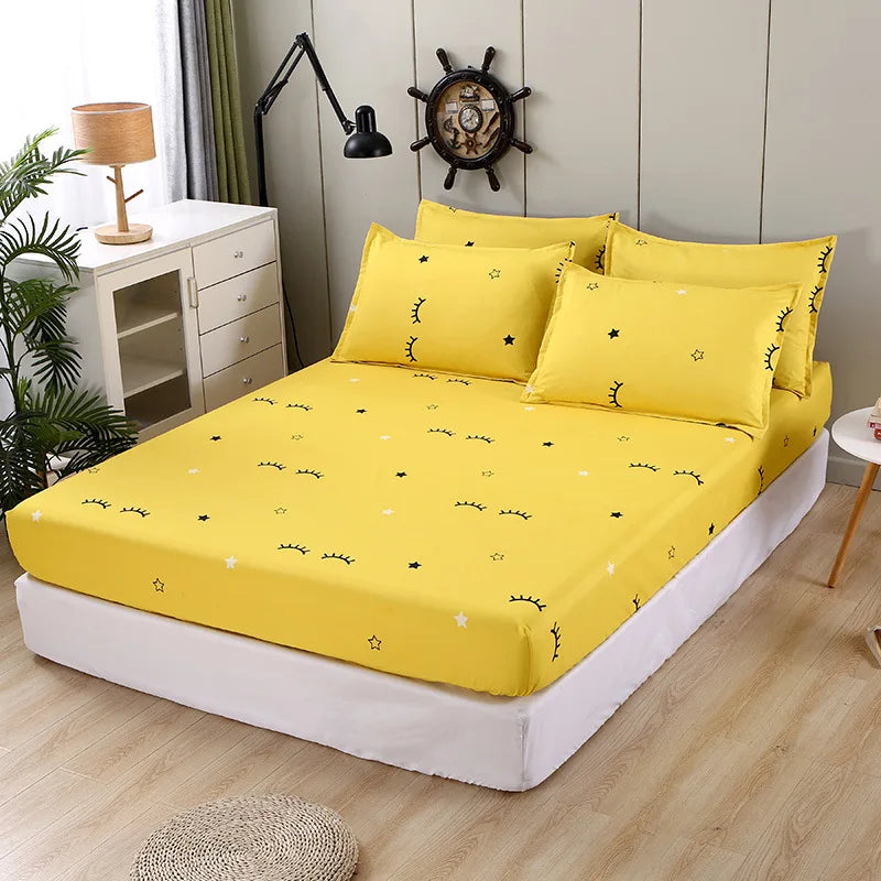 DecorBites™ Golden Feather Fitted Sheet Set: 120/150/180Cm + 2 Pillowcases