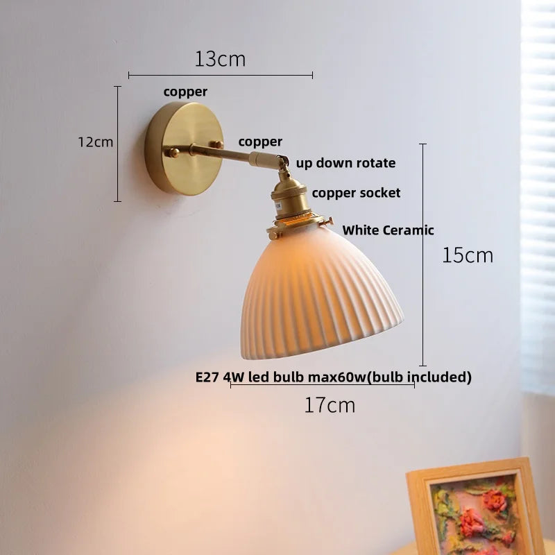 DecorBites™ Copper Wall Light Fixture Bedroom Bedside Sconce White Ceramic Lamp