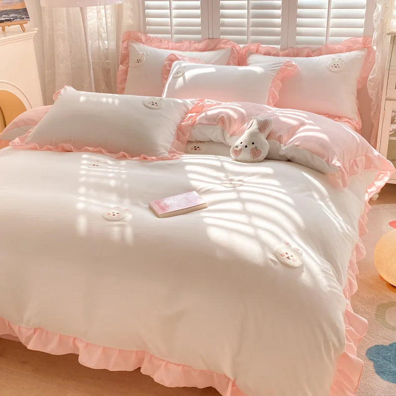 DecorBites™ Cartoon Princess Embroidered Cotton Bedding Set for Adult Girls