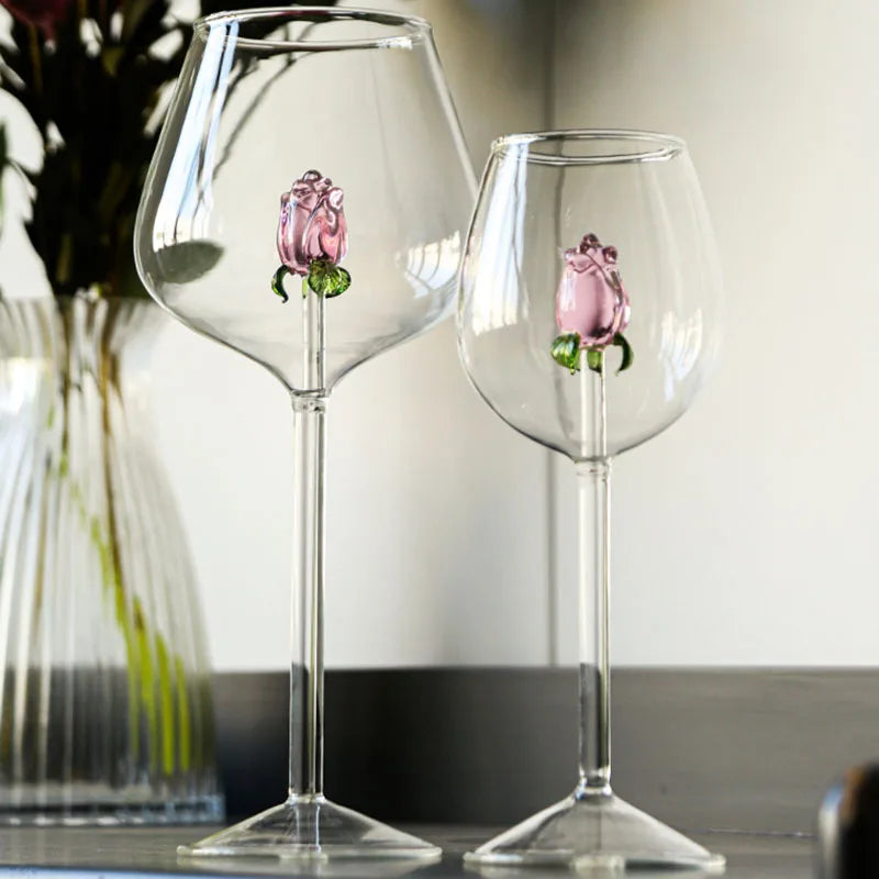 DecorBites™ 3D Pink Glass Rose Wine Goblets Set - Lovely Household Gift