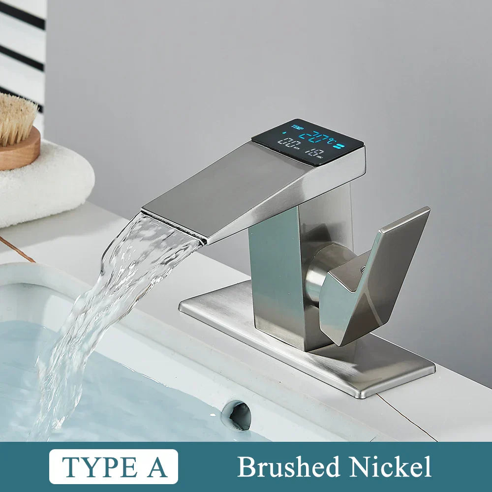 DecorBites™ Brass Waterfall Bathroom Faucet Basin Taps with Temperature Display