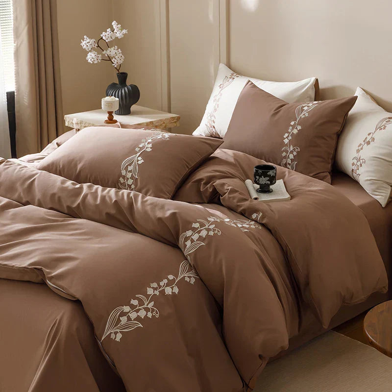 DecorBites™ Elegant Lily of the Valley Embroidery Brown Cotton Bedding Set