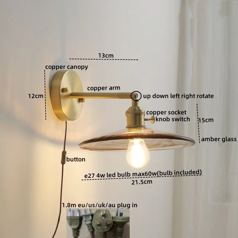 DecorBites™ Glass Copper LED Wall Lamp with Knob Switch for Modern Home Decor