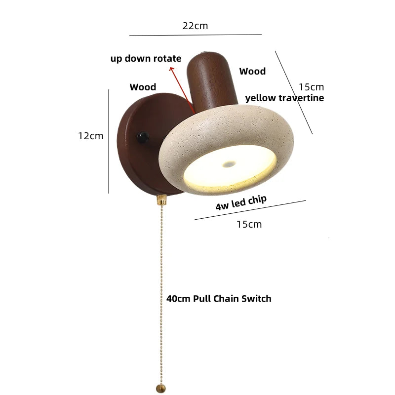 DecorBites™ LED Wall Sconce Pull Chain Switch Modern Wood Yellow Travertine Stair Light
