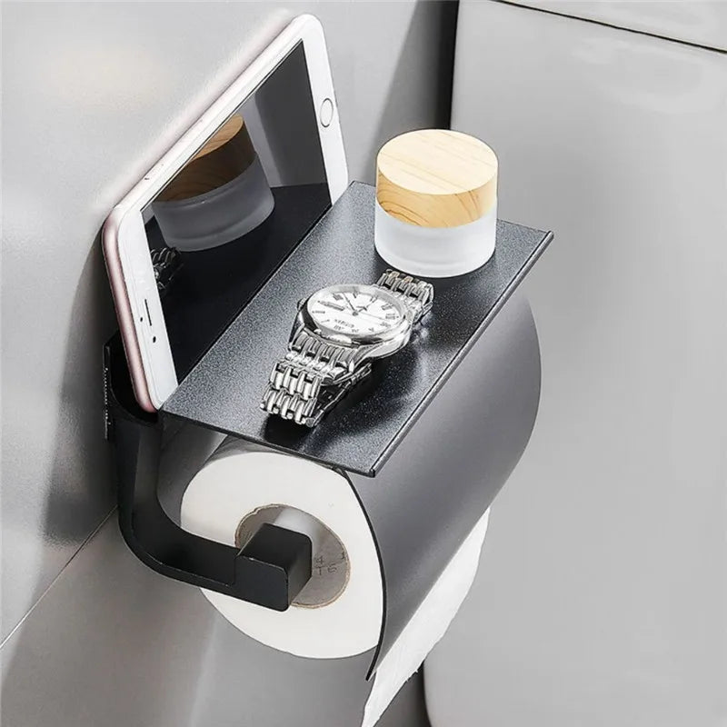 DecorBites™ Black Toilet Paper Holder with Silver Phone Storage Shelf