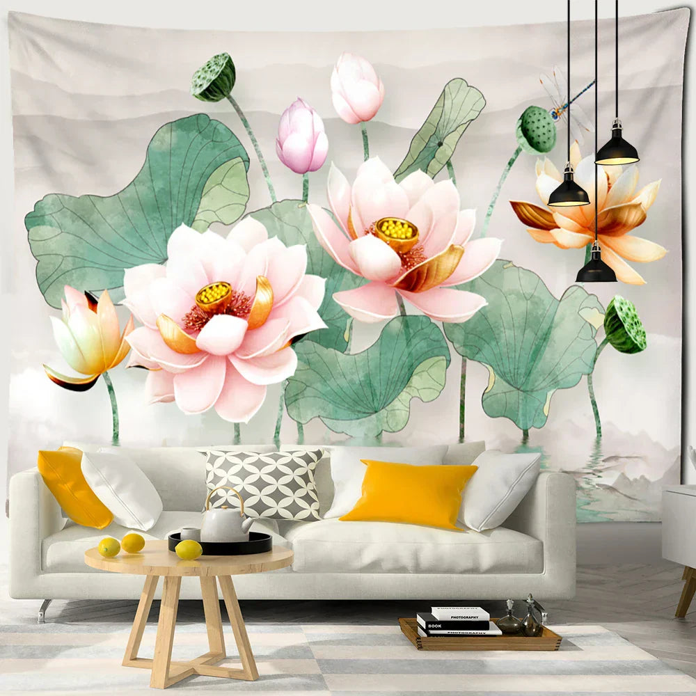 DecorBites™ Ink Lotus Koi Tapestry: Boho Aesthetic Psychedelic Room Art Hippie Decor