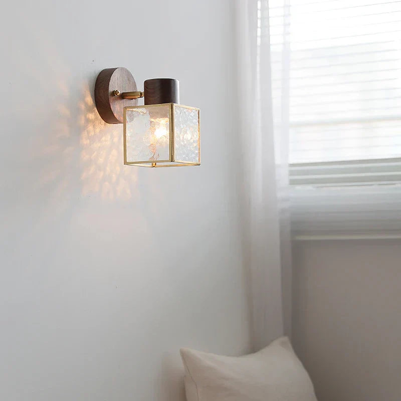 DecorBites™ Clear Glass LED Wall Sconce Walnut Wood Bedroom Living Room Modern Fixture