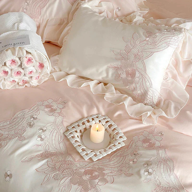 DecorBites™ French Romantic Lace Ruffles Flowers Embroidery Bedding Set in Pink & Blue Cotton