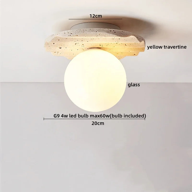 DecorBites™ Japan Style LED Ceiling Light Yellow Travertine Stone Wood Base Bedroom Luminaire