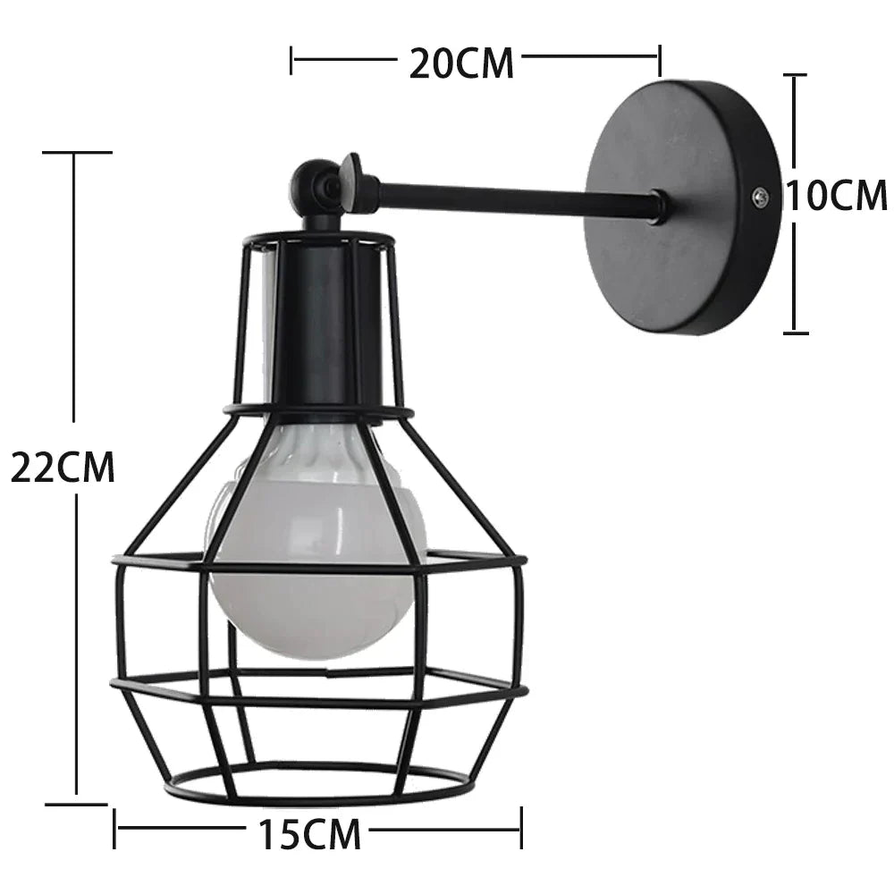 DecorBites™ Black Iron Cage Wall Lamp: Retro Indoor Sconce for Bedroom, Bar, and Reading