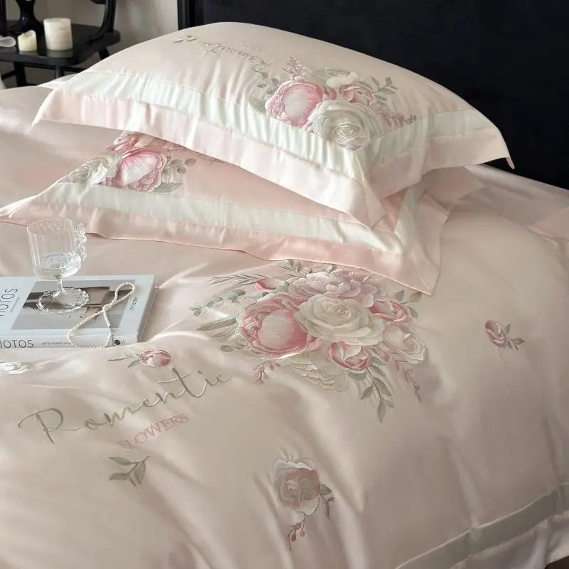 DecorBites™ 4-Pc Flowers Embroidery Bedding Set 1000TC Egyptian Cotton Duvet Cover Sheets