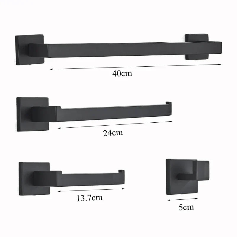 DecorBites™ Black Bathroom Hardware Set: Robe Hook, Towel Rail, Shelf, Tissue Holder