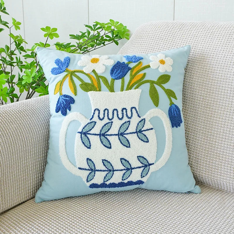 DecorBites™ Boho Floral Embroidered Canvas Cushion Cover 45*45cm for Living Room