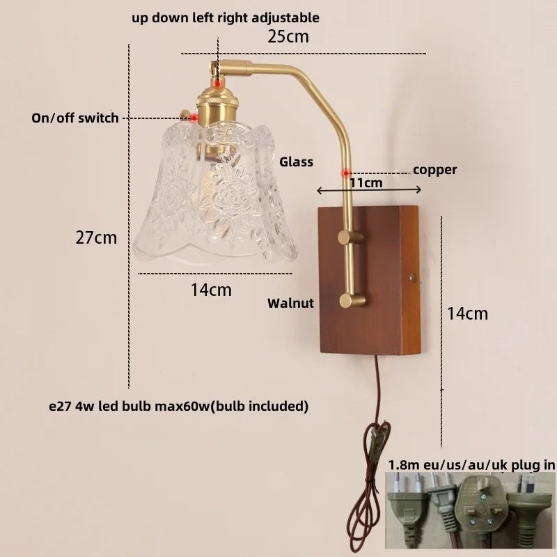 DecorBites™ LED Glass & Wood Wall Lamp with Pull Chain Switch for Living Room, Bedroom, Bathroom