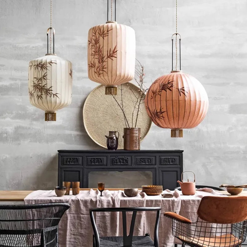 DecorBites™ Bamboo Lantern Pendant: Handmade Fabric Shade for Elegant Hotel and Restaurant Lighting