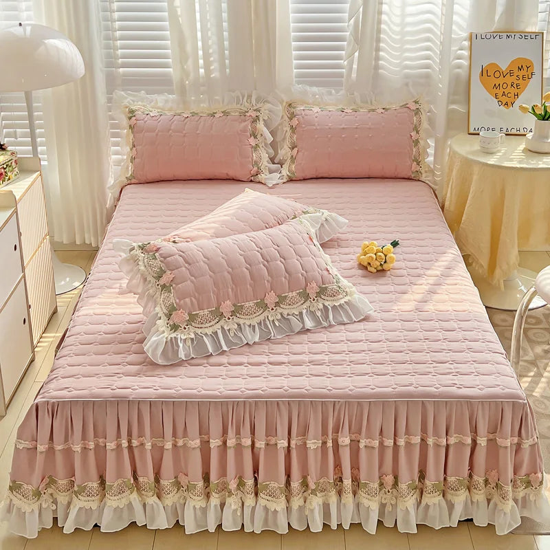 DecorBites™ Korean Princess Bedding Set: Flowers, Lace, Ruffles, Embroidery, Quilted, Duvet Cover, Bedspread