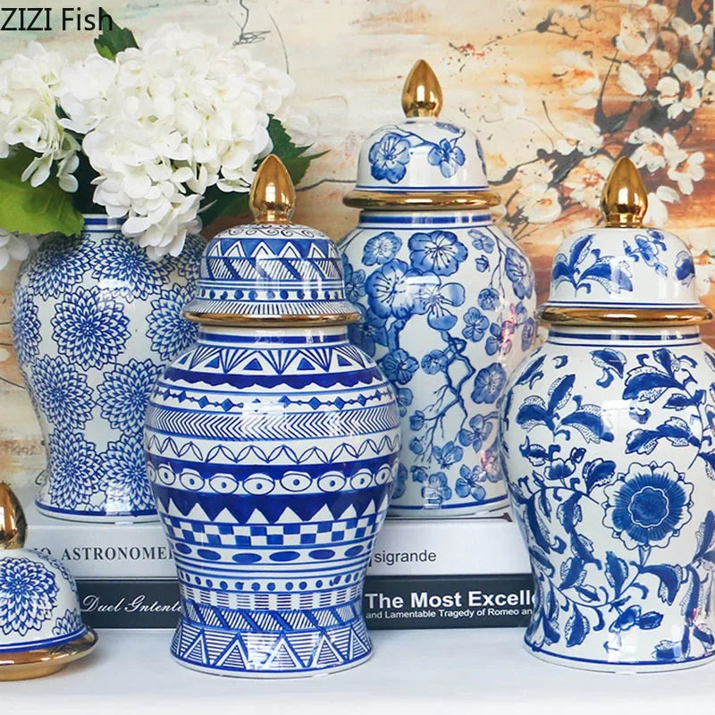 DecorBites™ Blue & White Porcelain Ginger Jar: Retro Tea Caddy Vase Desk Decoration