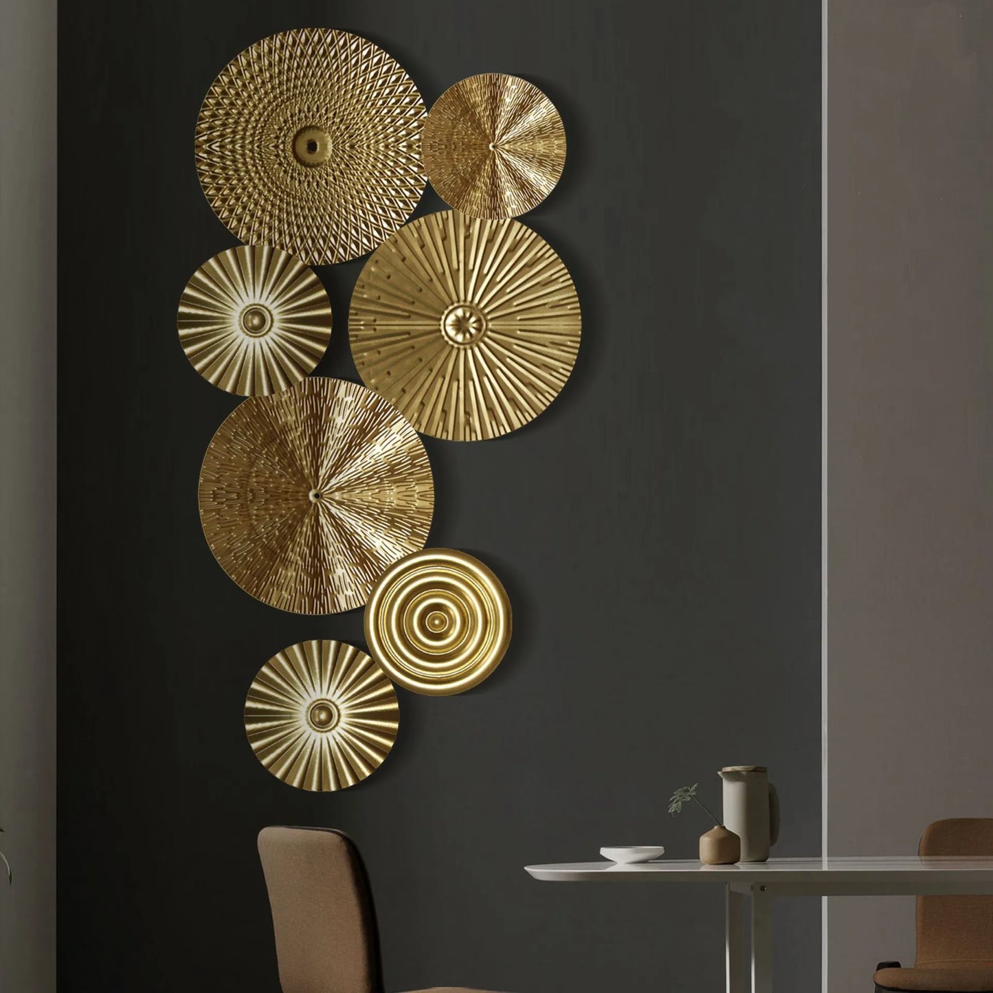 DecorBites™ Geometric Golden Metal Wall Hanging Round Ornaments - Room Decoration Accessories
