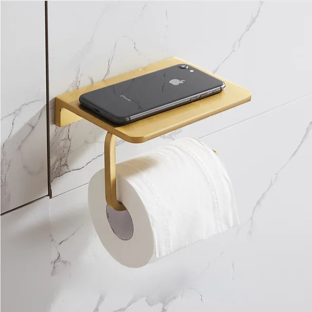 DecorBites™ Brushed Gold Bathroom Set: Shelf, Towel Rack, Holder, Toilet Brush - Bath Hardware