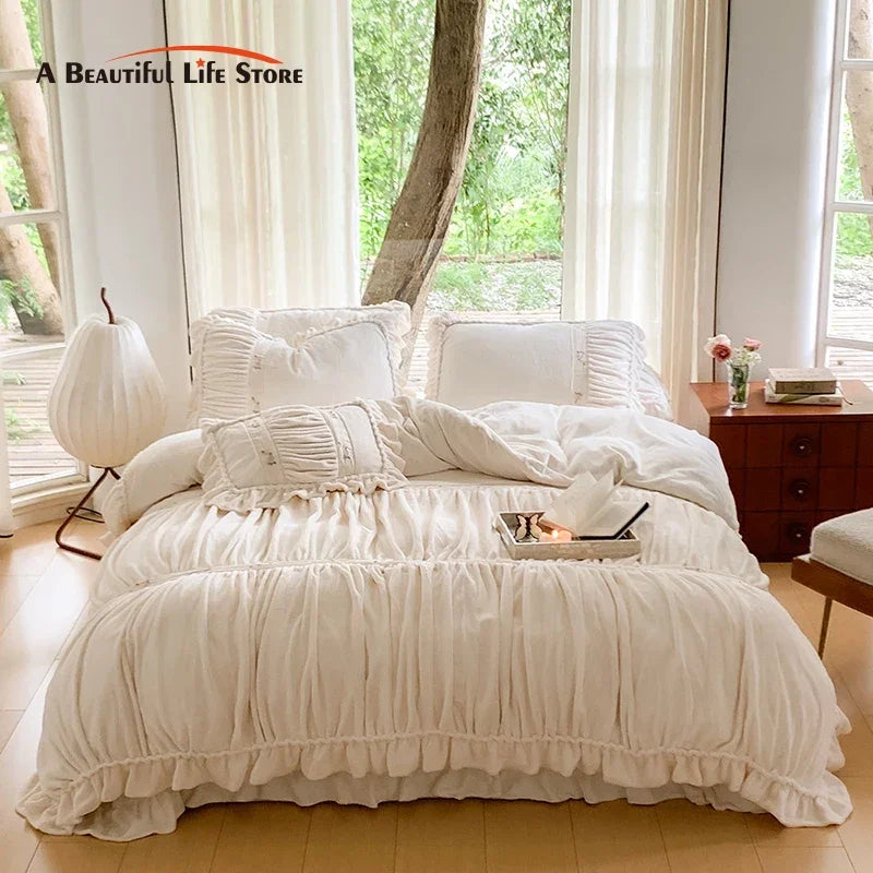 DecorBites™ French Pleat Lace Ruffles Bedding Set, Velvet Fleece Duvet Cover, Embroidered Flowers