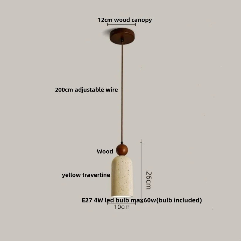 DecorBites™ Globe LED Pendant Light Yellow Travertine Stone White Glass Adjust Hang Lamp