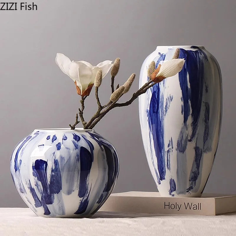 DecorBites™ Blue & White Porcelain Vase: Ink Style Flowers, Aesthetic Room Decor