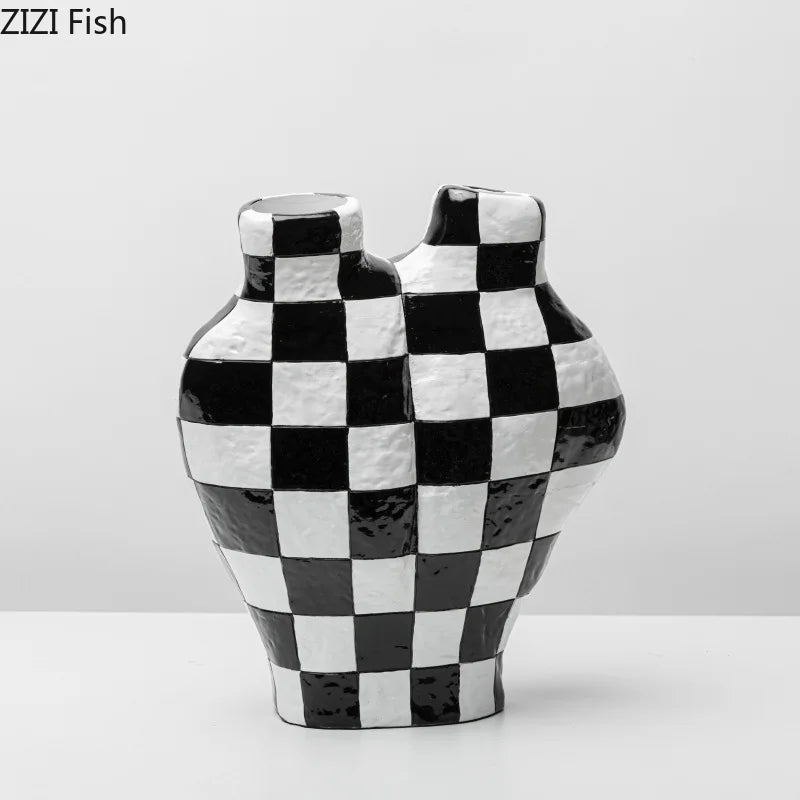 DecorBites™ Black White Check Vase Modern Crafts Room Decor Irregular Shaped Desk Decoration