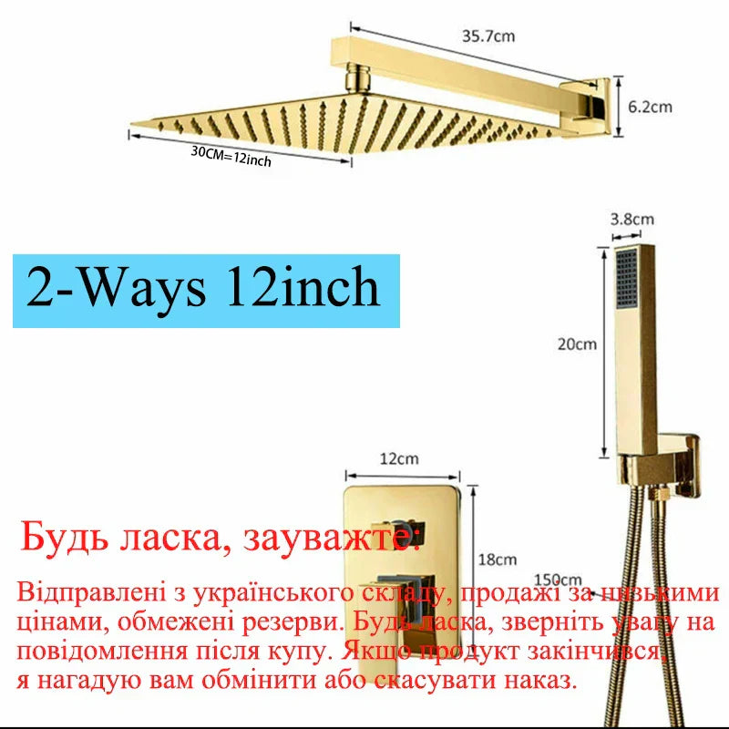 DecorBites™ Golden Bathroom Shower Set with Square Rainfall Head and Concealed Mixer Taps