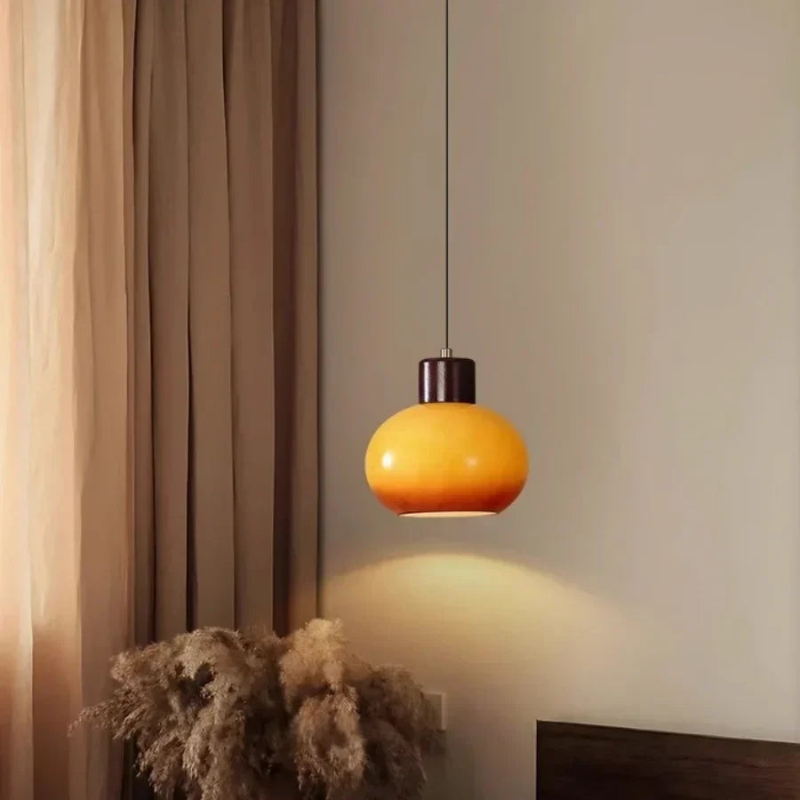DecorBites™ Amber Glass LED Pendant Light for Kitchen Cafe Restaurant Rustic Wood Interior Lighting